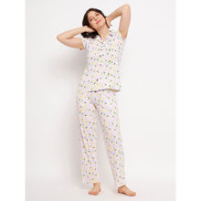 Clovia Pretty Florals Button Down Shirt & Pyjama White - 100% Cotton (Set of 2)