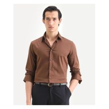 Rare Rabbit Men's Holla-Ss26 Brown Cotton Blend Fabric Spread Collar Plain Shirt