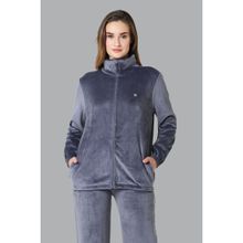 Van Heusen Woman Lingerie And Athleisure Full Sleeve High Neck Velour Jacket - Grey Stone