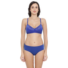 Clovia Cotton & Lace Non-Padded Non-Wired Bra & Mid Waist Hipster Panty - Blue