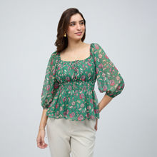 Twenty Dresses by Nykaa Fashion Green Floral Square Neck Puff Sleeves Peplum Top