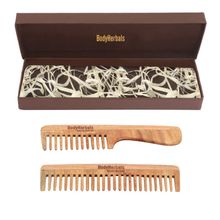 BodyHerbals Handle Rake Comb and Wide Tooth Comb Set of 2 |Anti-Static Handmade 100% Neem Wood