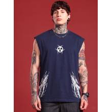 RHINO CULT Navy Blue Cotton Printed Sleeveless T-Shirt