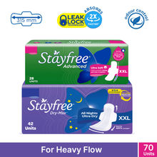 Stayfree Advanced Ultra Soft (28s) + DryMax All Nights Dry Cover XXL Sanitary Pads (42s)- Pack of 70