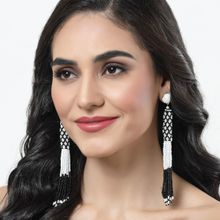 Moedbuille Black & Off White Beads Contemporary Tassell Design Gold Plated Handcrafted Earrings