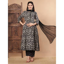 Secret Wish Black Floral Cotton Maternity Kurta Pant and Dupatta (Set of 3)