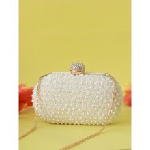 THE TAN CLAN White Pearl Clutch with Detachable Chain Strap