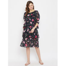 The Kaftan Company Floral Georgette Maternity Dress With Layers And Puff Sleeves - Black