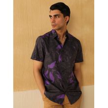 Andamen Men Black Print Cotton Twill Slim Half Sleeve Shirt