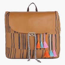 Pick Pocket Mustard Colored Black Stripped Printed Backpack With Multicolored Tassels