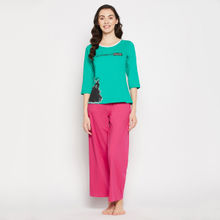 Clovia Text Print Top & Solid Flared Pyjama Set In Green - 100 Percent Cotton