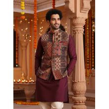 KISAH Men Maroon Patchwork Silk Blend Nehru Jacket for Weddings and Festive Wear