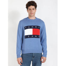 Tommy Hilfiger Blue Embroidered Logo Regular Fit Cotton Sweater