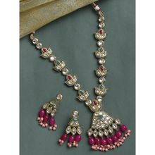 OOMPH Pink Beads with Kundan Long Necklace Set with Earrings