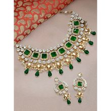 OOMPH Green Stone & Kundan Heavy Ethnic Necklace Set with Drop Earrings
