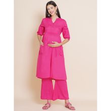 Mine4Nine Pink Solid Rayon Maternity Kurta with Pant (Set of 2)