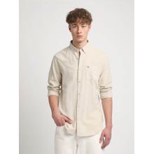 The Bear House Men Beige Solid Slim Fit Linen Cotton Casual Shirt