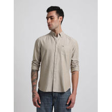 The Bear House Men Beige Solid Slim Fit Cotton Casual Shirt