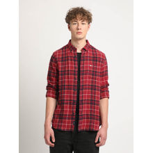 The Bear House Men Red Checked Slim Fit Flannel Cotton Casual Shirt