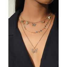 Ayesha Three Layered Butterfly Pendent Necklace In Gold-Tone