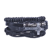 UNKNOWN by Ayesha Set Of 3 Rugged Black Leather Adjustable Bracelets With Beads And A Carved Metal Cross