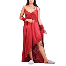 PIU Women's 2 pc Roomwear Nighty Gown Satin - Red (Free Size)