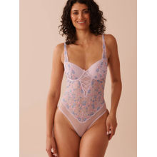 La Vie En Rose Floral Embroidered Mesh and Lace-Up Detail Push-Up Teddy