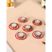 Nestasia Red Mirror Work Tea Light Holders (Set Of 6)