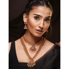Aatmana Set Of 2 Green & Red Stone Studded & Beaded Gold Plated Temple Choker Jewellery Set