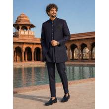 Vastramay Men Navy Blue Jacquard Silk Blend Bandhgalas with Waistcoat and Pant