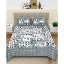 Bella Casa Blue Ethnic Cotton Bedsheet with 2 Pillow Covers (King)