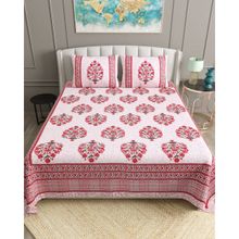 Bella Casa Red Ethnic Cotton Bedsheet with 2 Pillow Covers (King)