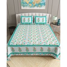 Bella Casa Blue Ethnic Cotton Bedsheet with 2 Pillow Covers (King)