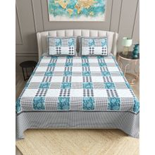 Bella Casa Blue Ethnic Cotton Bedsheet with 2 Pillow Covers (King)