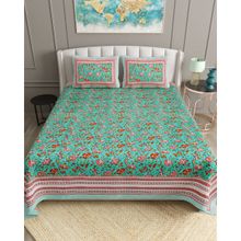 Bella Casa Green Floral Cotton Bedsheet with 2 Pillow Covers (King)