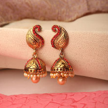 Anika's Creations Gold Plated Stylish Ethnic Style Carry Red Stone and Pearl Drop Jhumka Earring