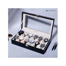 La Trove 12 Slot Watch Display Box Case Organiser With Glass Top Black
