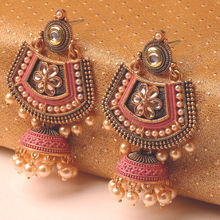 OOMPH Pink Meenakari & Kundan Pearls Floral Large Drop Jhumka Earring