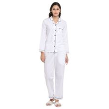 Shopbloom White Cotton Poplin with Black Piping Long Sleeve Women's Night Suit - White