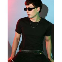 Campus Sutra Mens Solid Black T-shirt With Faux Leather Details