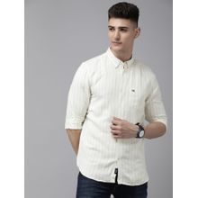 THE BEAR HOUSE Men Off White Striped Slim Fit Cotton Linen Casual Shirt