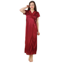 Fasense Women Satin Nightwear Sleepwear Wrap Gown SR011 D - Maroon