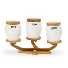 EZ Life White Ceramic Bulba Tea Coffee Sugar 3 Canisters pcs Elevated Wooden Stand Tray (Set Of 1)