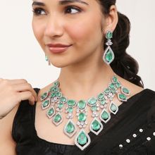 Khushi Jewels Zircons Diamonds and Rama Green Stone Long Necklace Set