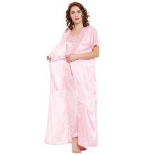 Clovia Satin Nighty & Robe Set - Pink (Free Size)