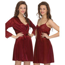 Clovia 2 Pcs Set Of Nightslip And Robe - Maroon