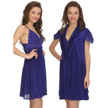 Clovia 2 Pc Premium Satin Nightwear In Dark Blue With Lace - Blue