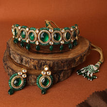 AccessHer Gold-Plated & Green Kundan and Emerald Stone-Studded Choker Jewellery Set
