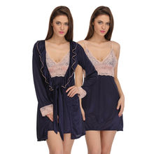 Clovia Satin Short Lace Nightie With Robe - Blue 90