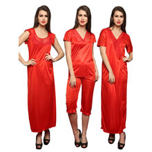 Clovia 4 Pcs Satin Nightwear In Red - Robe, Nightie, Top, Capri